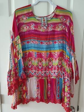 Johnny Was Multicolor Ikat Stripe Tunic - Pink, Blue, Yellow, Green, Cream